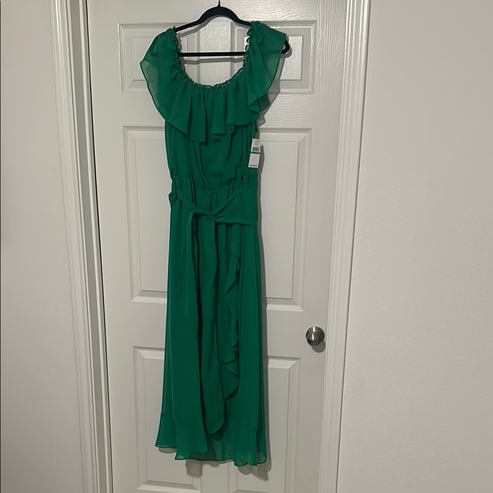 SLNY Green Wrap dress with Flutter Sleeves and Tiered Hem